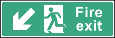 Green and white Fire exit sign with a down left arrow and running-person escape symbol. Letterbox artwork EMER0005.