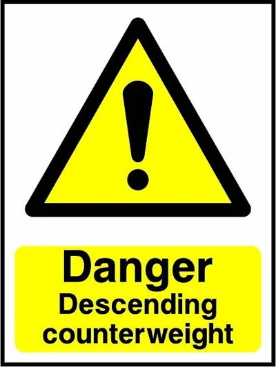 Danger — Descending counterweight sign showing yellow exclamation warning triangle above wording. Artwork LIFT0006.