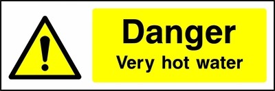 Danger — Very hot water sign showing yellow exclamation warning pictogram beside wording. Artwork GENE0025.
