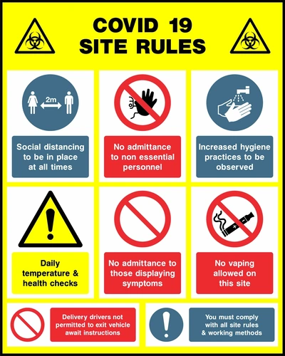 Nine-panel COVID 19 Site Rules board with distancing, entry, hygiene, health-check, vaping, delivery-driver and site-rule messages. CONS0127.