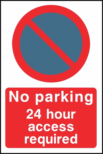 No parking — 24 hour access required sign. red-and-blue no-parking pictogram and wording. Supplied artwork PARK0069.