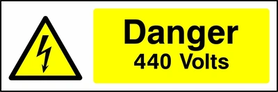 Danger — 440 Volts sign showing yellow electrical lightning bolt warning triangle beside wording. Artwork ELEC0005.