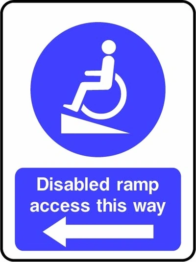 Disabled ramp access this way — Left arrow sign showing blue wheelchair-on-ramp pictogram with left arrow. Artwork DDA0008.