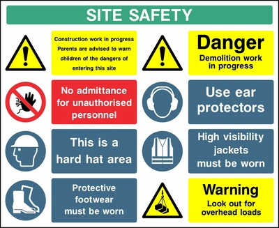 Collated site safety board with construction and demolition warnings, no unauthorised entry, PPE requirements and overhead load warning. CONS0011 artwork.