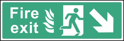 Green and white Fire exit sign showing down-right arrow. Artwork EMER0022.