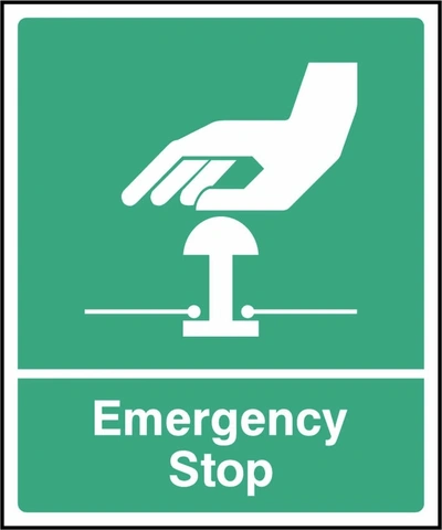 Emergency Stop sign showing green background and stop-button pictogram. Artwork FAID0050.
