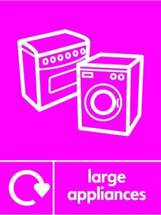 Large appliances sign showing white cooker and washing machine pictogram with recycling arrow beside wording on magenta background. Artwork ELEC0122.