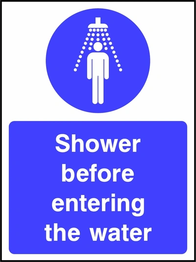 Shower before entering the water sign showing a blue instruction pictogram above the printed wording. Artwork WATE0053.