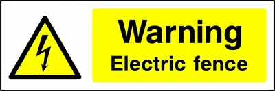 Warning — Electric fence sign showing yellow electrical lightning bolt warning triangle beside wording. Artwork ELEC0021.