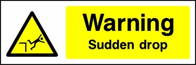 Warning — Sudden drop sign showing yellow falling from an edge warning pictogram beside wording. Artwork GENE0026.