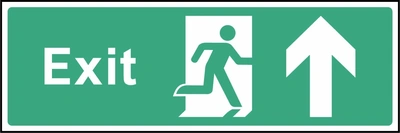 Green and white Exit sign showing upward arrow. Artwork EMER0015.