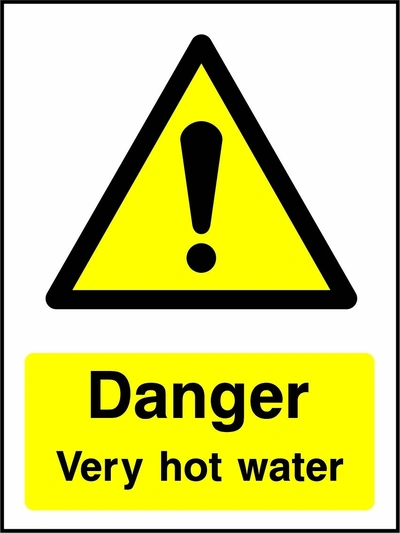 Danger — Very hot water sign showing yellow exclamation warning pictogram above wording. Artwork GENE0072.