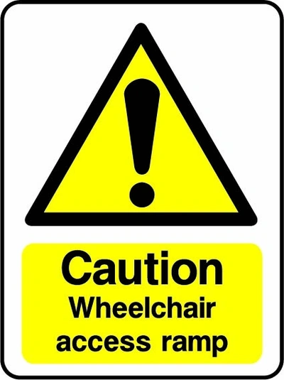 Caution — Wheelchair access ramp sign showing yellow warning triangle above wording. Artwork DDA0003.