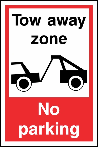 Tow away zone — No parking sign. tow-truck pictogram with red-and-white wording. Supplied artwork PARK0082.