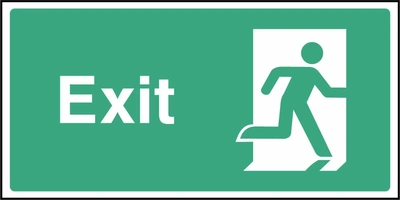 Green and white Exit sign showing a running-person symbol facing right. Artwork EMER0033.