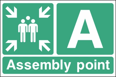 A — Assembly point sign showing assembly point A with group and inward arrows. Artwork EMER0087.