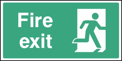 Green and white Fire exit sign showing a running-person symbol facing right. Artwork EMER0035.