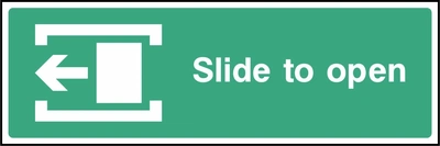 Green and white Slide to open sign showing left-pointing arrow. Artwork EMER0037.