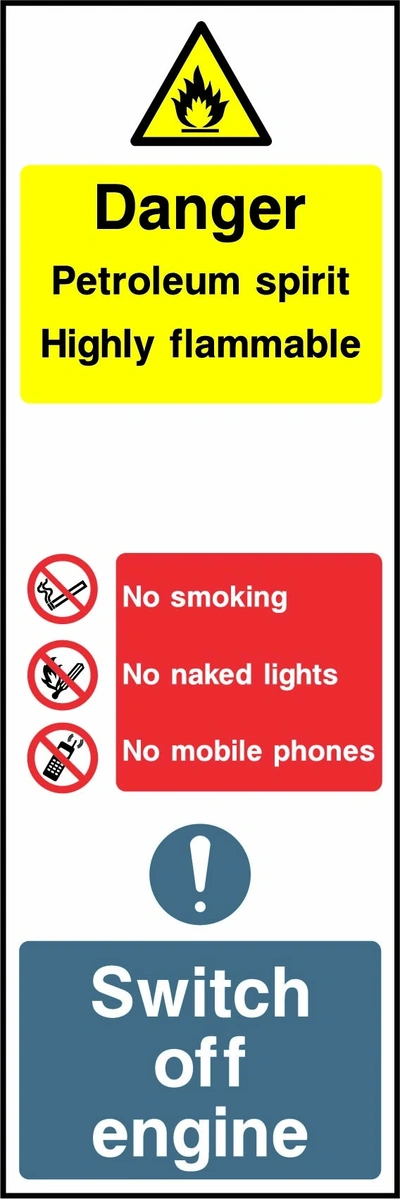 Danger — Petroleum spirit highly flammable — No smoking — No naked lights — No mobile phones — Switch off engine. Vertical arrangement. Artwork MULT0036.