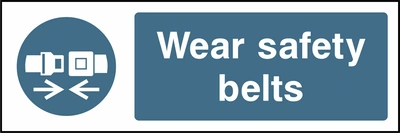 Wear safety belts sign showing blue safety belt pictogram beside wording. Artwork PPE0019.