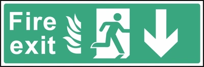 Green and white Fire exit sign showing downward arrow. Artwork EMER0024.