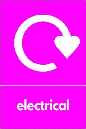Electrical sign showing white recycling arrow above wording on magenta background. Artwork ELEC0068.