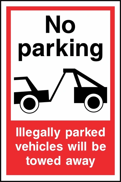 No parking — Illegally parked vehicles will be towed away sign. tow-truck pictogram with red-and-white wording. Supplied artwork PARK0074.