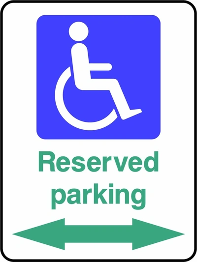 Reserved parking sign showing wheelchair pictogram and green double-ended arrow. Artwork DDA0012.