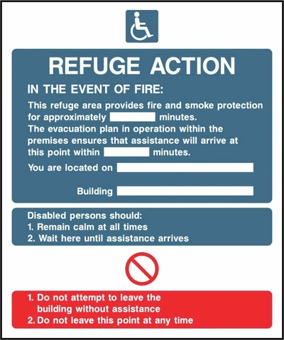 Refuge Action — In the event of fire printed notice with the original action instructions and layout. Artwork FACT0017.