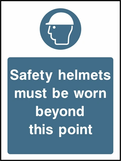 Safety helmets must be worn beyond this point sign showing blue safety helmet pictogram above wording. Artwork PPE0039.