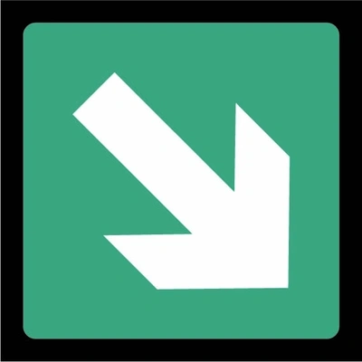 Green and white Emergency escape arrow — Down right sign showing down-right arrow pictogram. Artwork EMER0052.