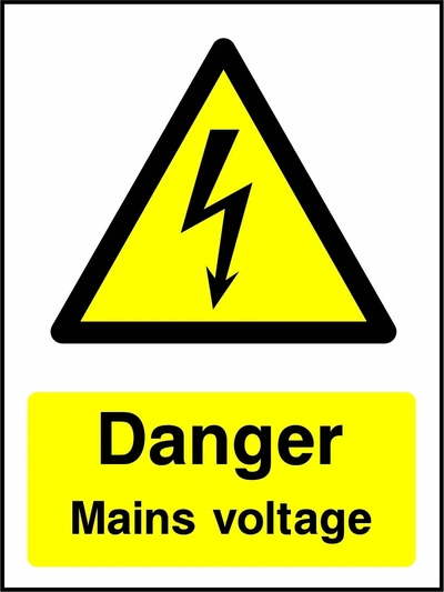 Danger — Mains voltage sign showing yellow electrical lightning bolt warning triangle above wording. Artwork ELEC0039.
