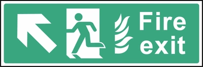 Green and white Fire exit sign showing up-left arrow. Artwork EMER0017.