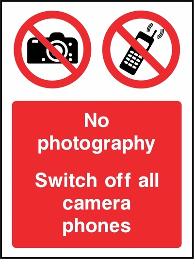 No photography — Switch off all camera phones sign showing red camera and mobile phone prohibition symbol above wording. Artwork GENE0113.