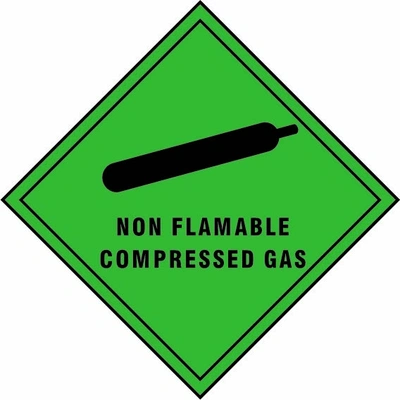 Non flammable compressed gas sign showing diamond-shaped dangerous-substance symbol with supplied colours and markings. Artwork DANG0007.