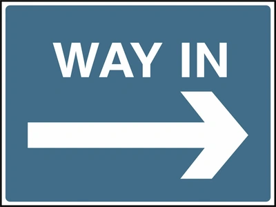 Way In — Right arrow sign. blue-grey background with white lettering. Supplied artwork PARK0010.