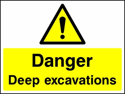A black exclamation mark inside a yellow warning triangle above black wording on a yellow panel with Danger — Deep excavations wording. CONS0116 artwork.