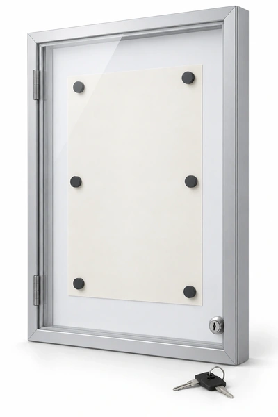 Illustrative mockup of a silver lockable magnetic notice case with a clear front, magnetic pins and keys.