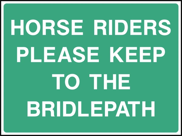 Horse riders please keep to the bridlepath sign showing white wording on a green panel. Artwork COUN0086.