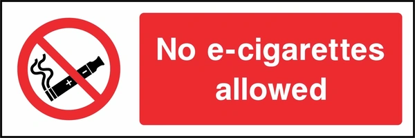 No e-cigarettes allowed sign. red cigarette or naked-flame prohibition pictogram beside a red wording panel. Artwork SMOK0040.