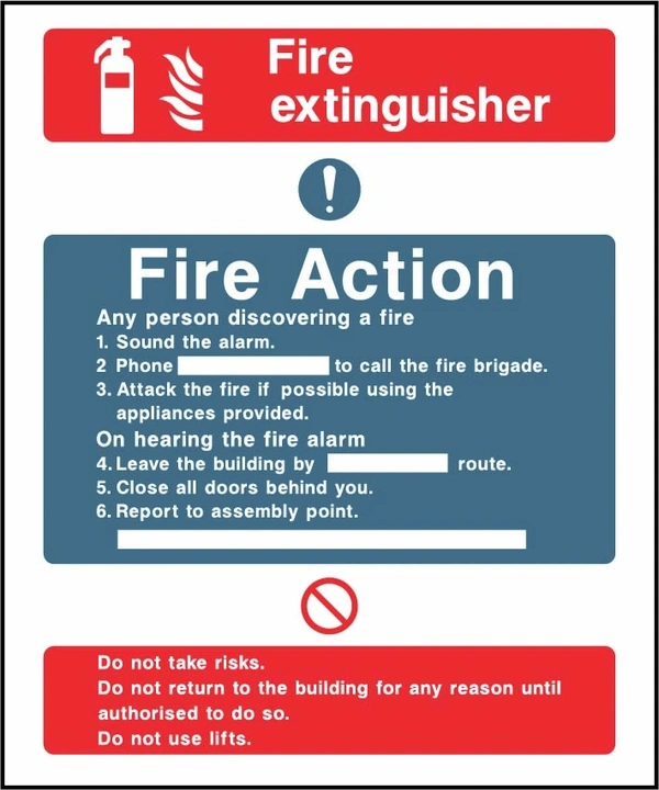 Fire extinguisher — Fire Action printed notice with the original action instructions and layout. Artwork FACT0007.