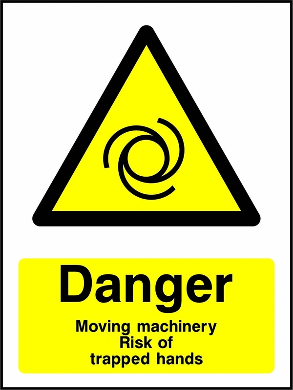Danger — Moving machinery — Risk of trapped hands sign showing yellow rotating machinery warning triangle above wording. Artwork MACH0030.