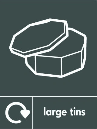 Large tins recycling sign showing white recycling arrow, material illustration and wording on a dark grey portrait panel. Artwork META0062.
