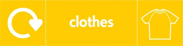 Clothes recycling sign showing white recycling arrow and textile illustration and wording on a yellow letterbox panel. Artwork TEXT0009.
