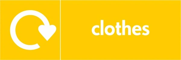 Clothes recycling sign showing white recycling arrow and wording on a yellow letterbox panel. Artwork TEXT0001.