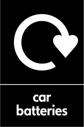 Car batteries recycling sign showing recycling arrow with white wording on black. Artwork AUTO0012.