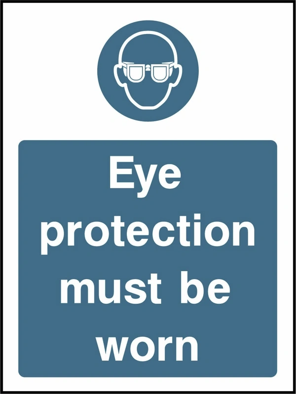 Eye protection must be worn sign showing blue safety glasses pictogram above wording. Artwork PPE0028.