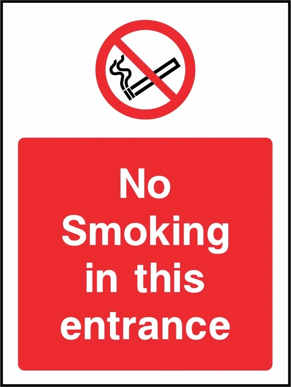 No Smoking in this entrance sign. red prohibition pictogram above a red wording panel. Artwork SMOK0061.