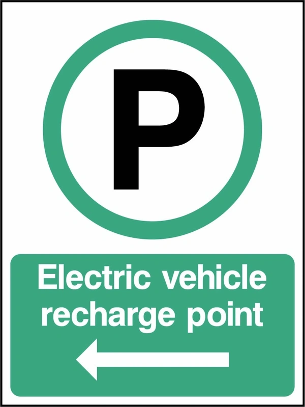 Electric vehicle recharge point — Left arrow sign. green-and-white electric vehicle parking pictogram and wording. Supplied artwork PARK0088.
