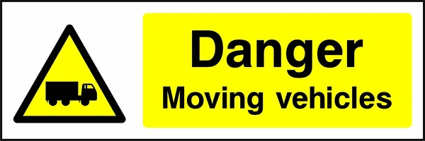 Danger — Moving vehicles sign showing yellow moving truck warning pictogram beside wording in alternate wording layout. Artwork GENE0045.